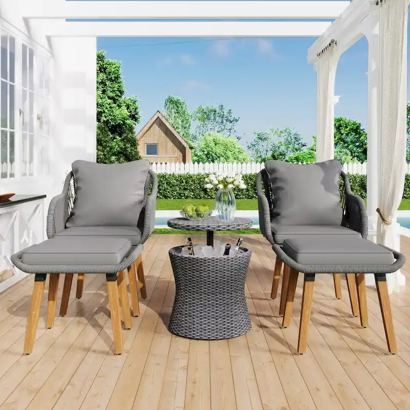 5-Piece Rope Patio Conversation Set with Wicker Bar Table and Cushions