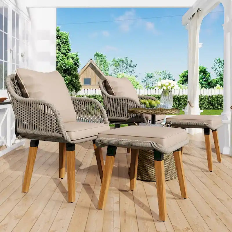 5-Piece Rope Patio Conversation Set with Wicker Bar Table and Cushions