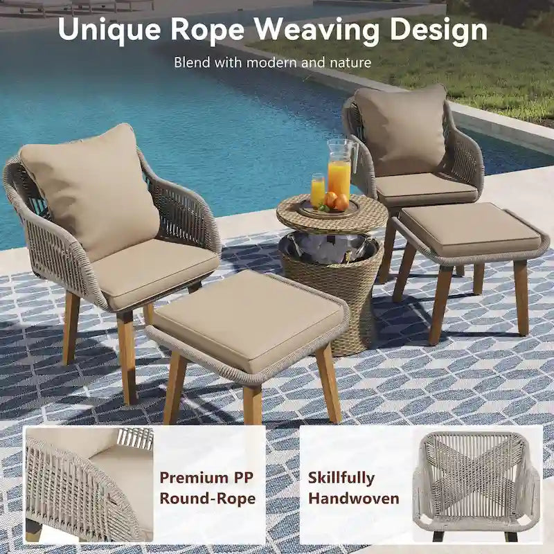 5-Piece Rope Patio Conversation Set with Wicker Bar Table and Cushions