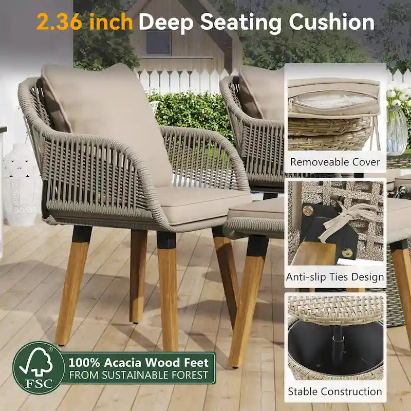 5-Piece Rope Patio Conversation Set with Wicker Bar Table and Cushions