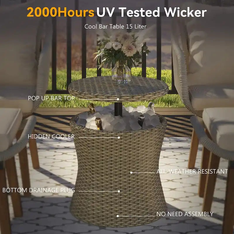 5-Piece Rope Patio Conversation Set with Wicker Bar Table and Cushions