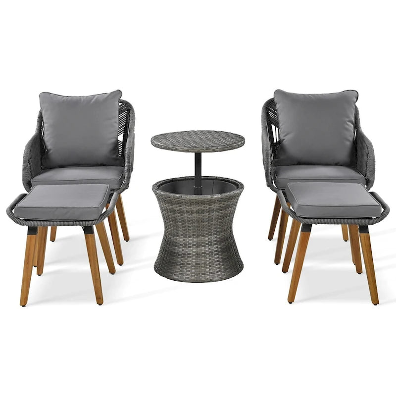 5-Piece Rope Patio Conversation Set with Wicker Bar Table and Cushions