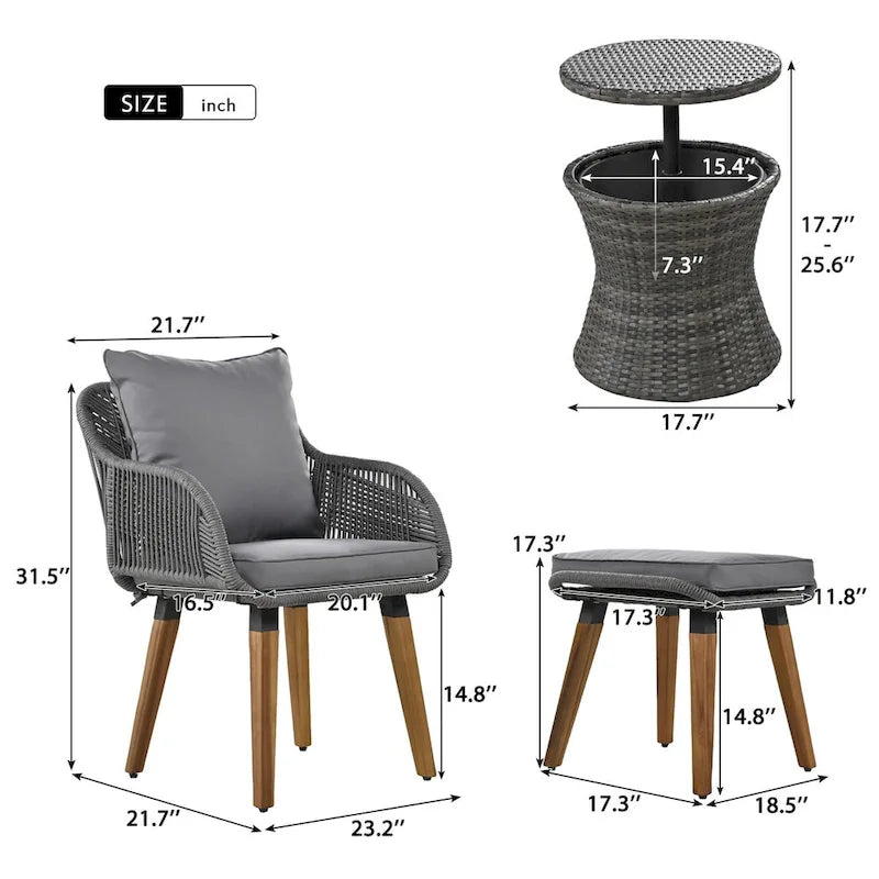 5-Piece Rope Patio Conversation Set with Wicker Bar Table and Cushions