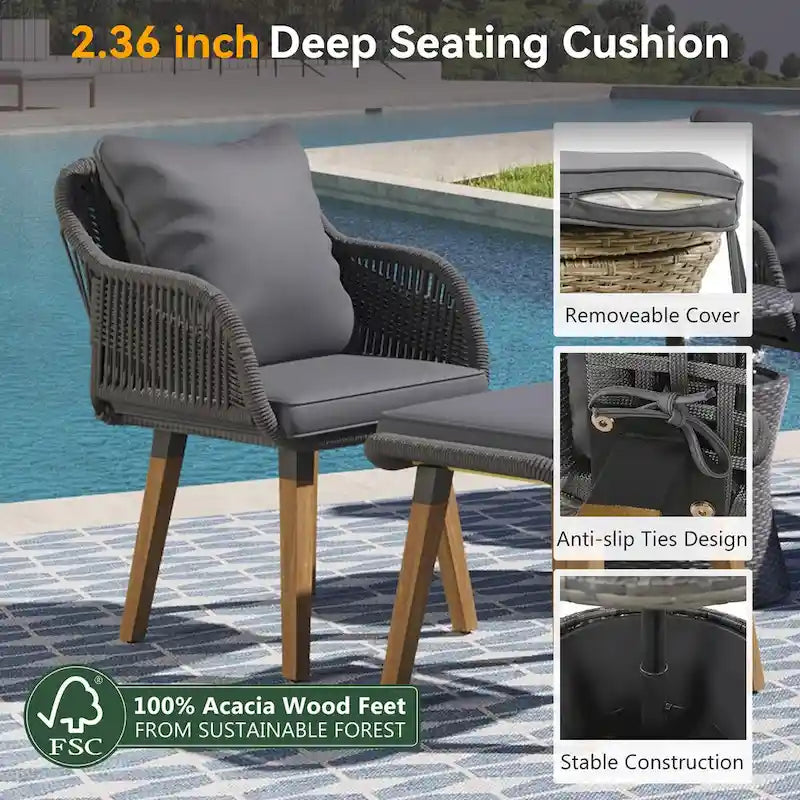 5-Piece Rope Patio Conversation Set with Wicker Bar Table and Cushions