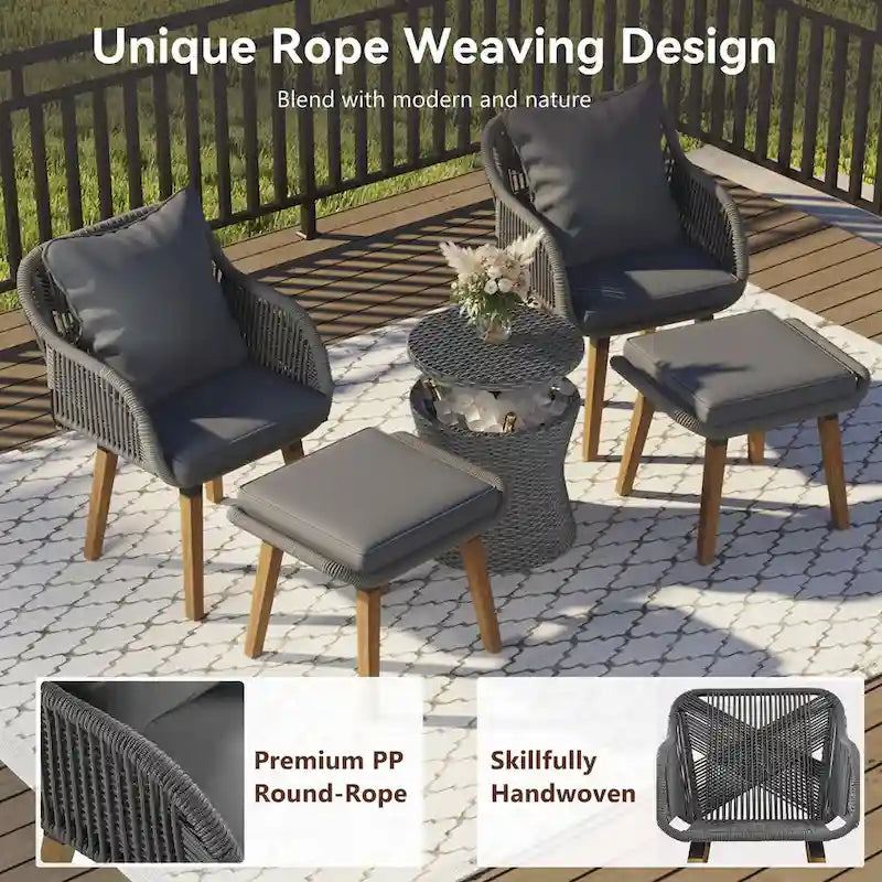 5-Piece Rope Patio Conversation Set with Wicker Bar Table and Cushions