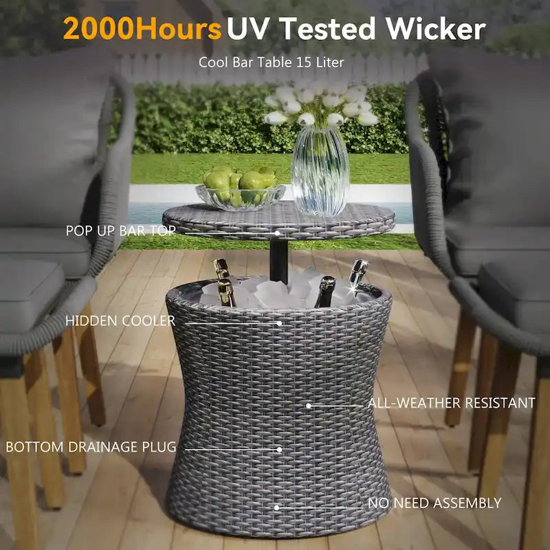 5-Piece Rope Patio Conversation Set with Wicker Bar Table and Cushions