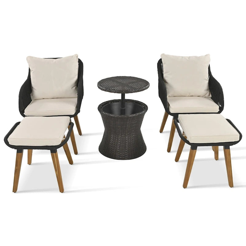 5-Piece Rope Patio Conversation Set with Wicker Bar Table and Cushions
