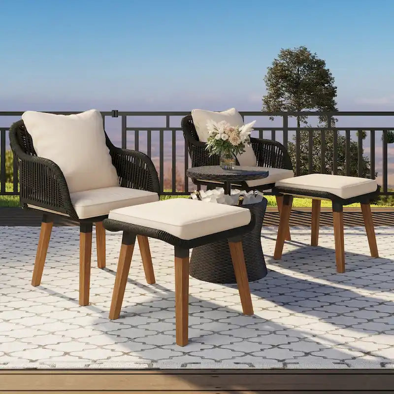 5-Piece Rope Patio Conversation Set with Wicker Bar Table and Cushions