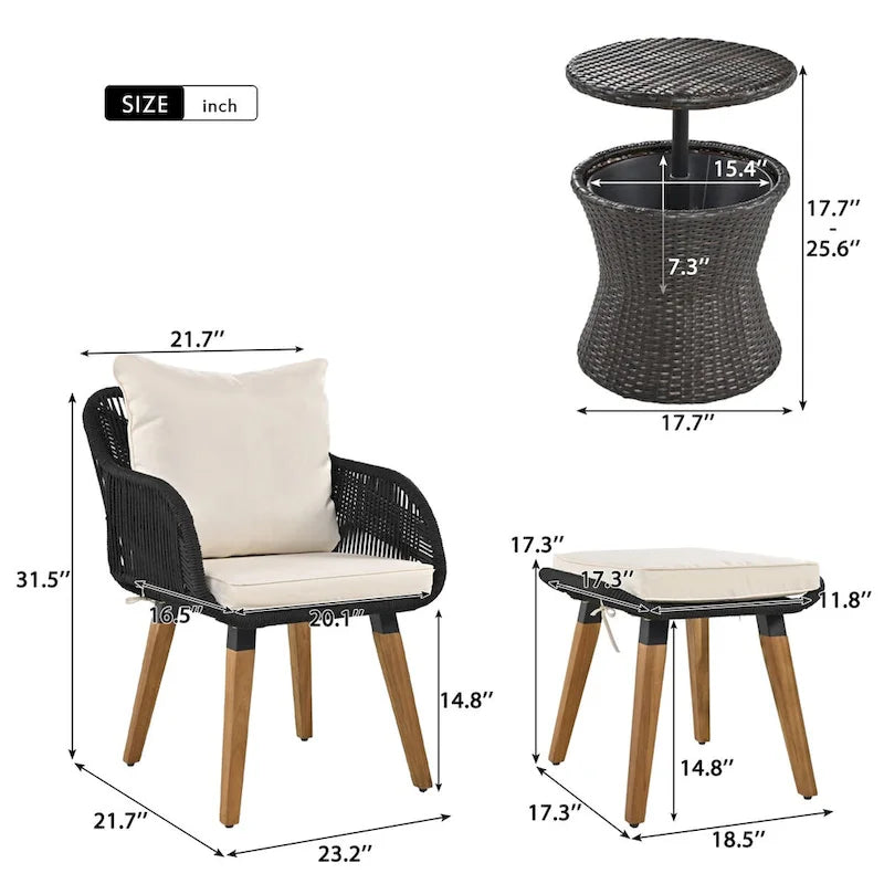 5-Piece Rope Patio Conversation Set with Wicker Bar Table and Cushions