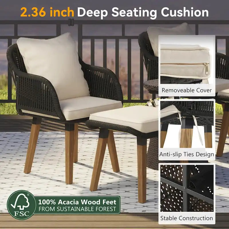 5-Piece Rope Patio Conversation Set with Wicker Bar Table and Cushions