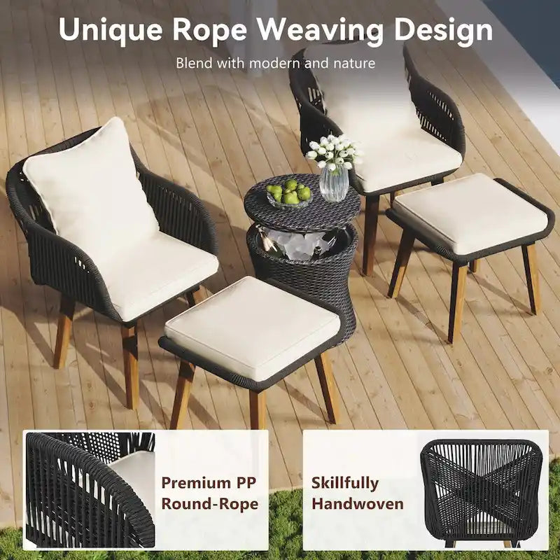 5-Piece Rope Patio Conversation Set with Wicker Bar Table and Cushions