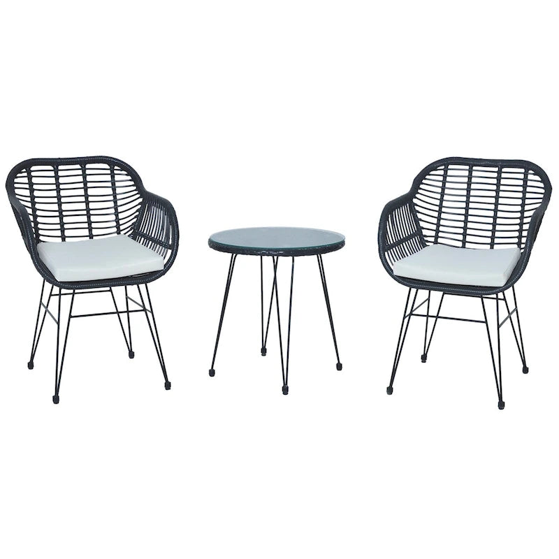 3 Pieces Outdoor Rattan Chair Conversation Sets with Glass Top Table