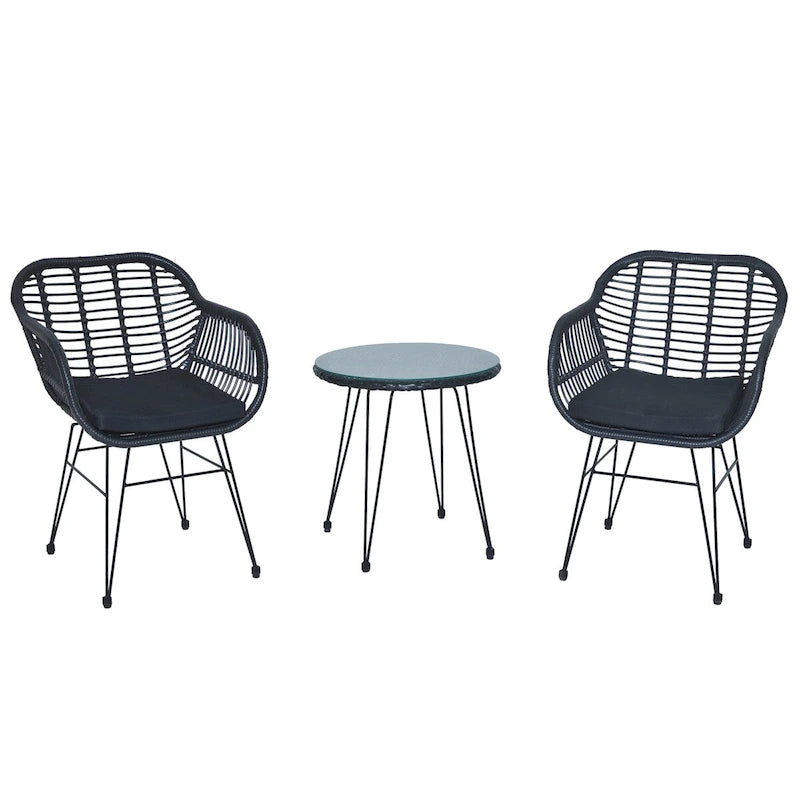 3 Pieces Outdoor Rattan Chair Conversation Sets with Glass Top Table