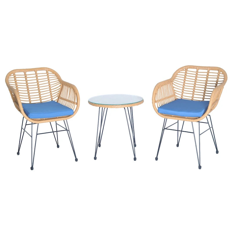 3 Pieces Outdoor Rattan Chair Conversation Sets with Glass Top Table