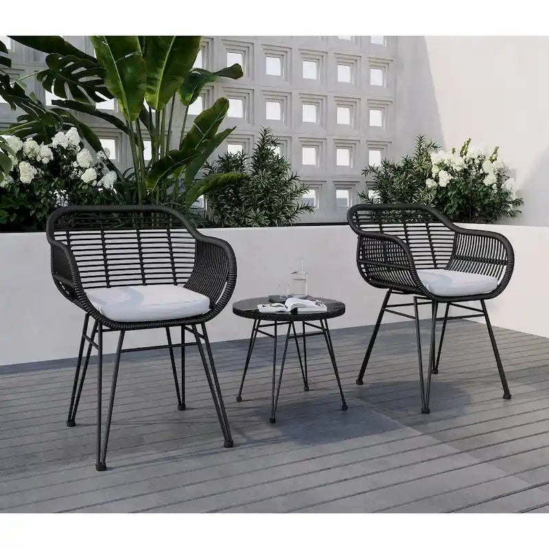 3 Pieces Outdoor Rattan Chair Conversation Sets with Glass Top Table