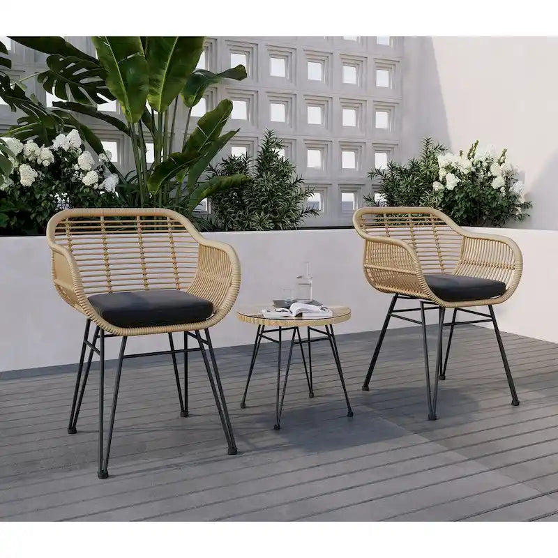 3 Pieces Outdoor Rattan Chair Conversation Sets with Glass Top Table