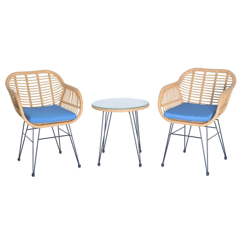 3 Pieces Outdoor Rattan Chair Conversation Sets with Glass Top Table