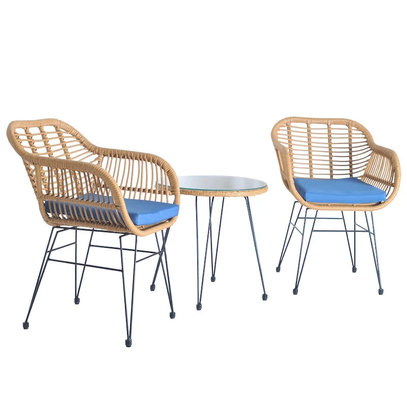 3 Pieces Outdoor Rattan Chair Conversation Sets with Glass Top Table