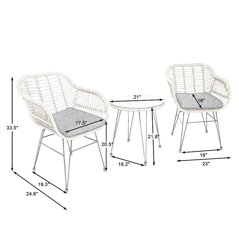 3 Pieces Outdoor Rattan Chair Conversation Sets with Glass Top Table