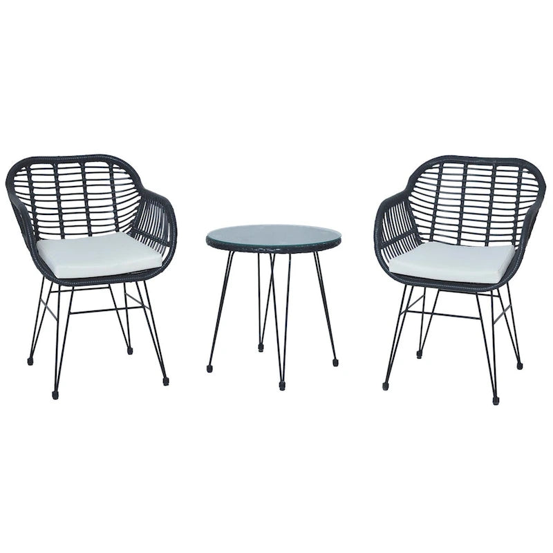 3 Pieces Outdoor Rattan Chair Conversation Sets with Glass Top Table