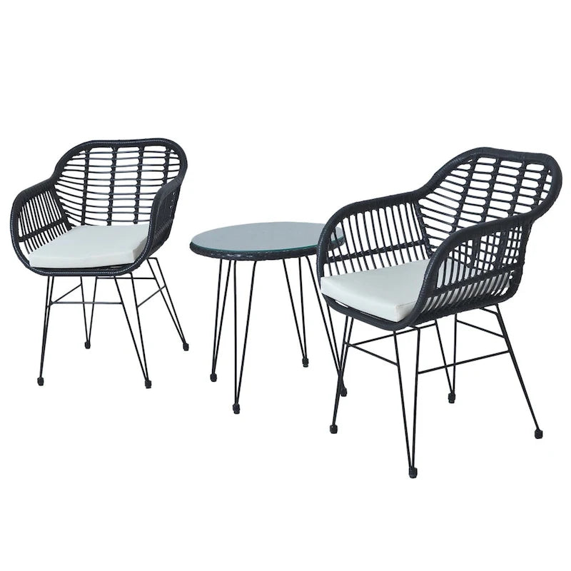 3 Pieces Outdoor Rattan Chair Conversation Sets with Glass Top Table