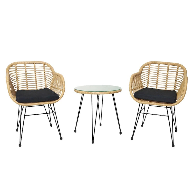 3 Pieces Outdoor Rattan Chair Conversation Sets with Glass Top Table