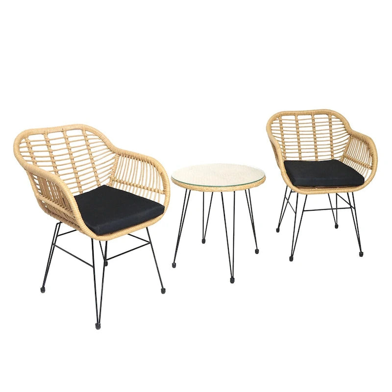 3 Pieces Outdoor Rattan Chair Conversation Sets with Glass Top Table