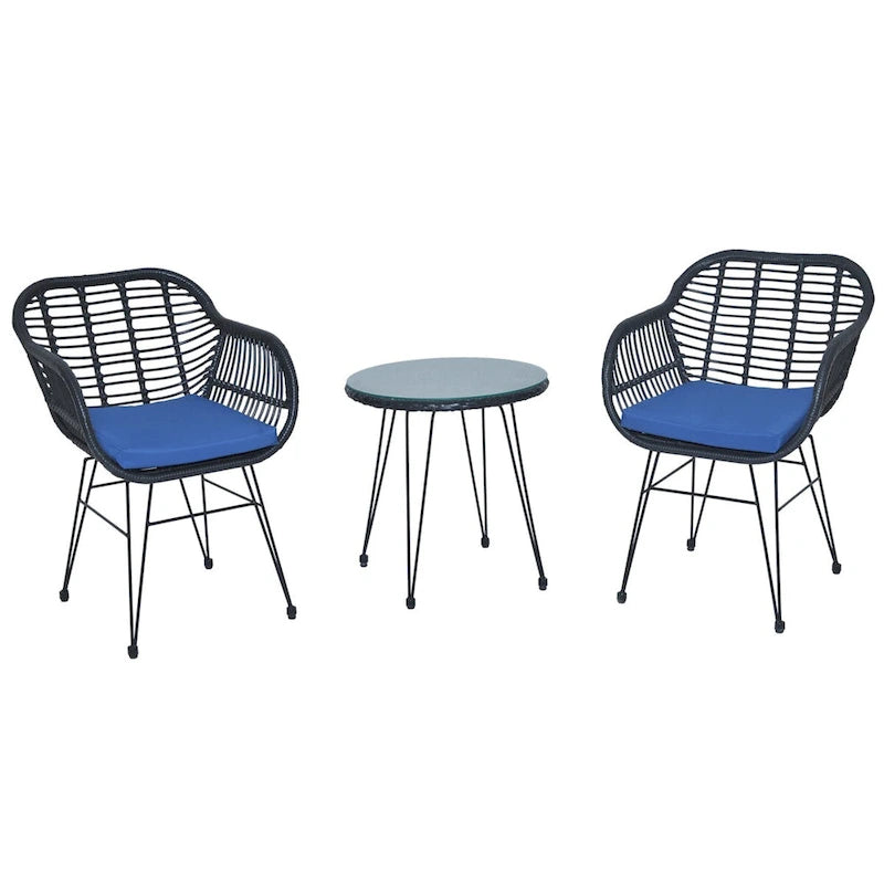 3 Pieces Outdoor Rattan Chair Conversation Sets with Glass Top Table