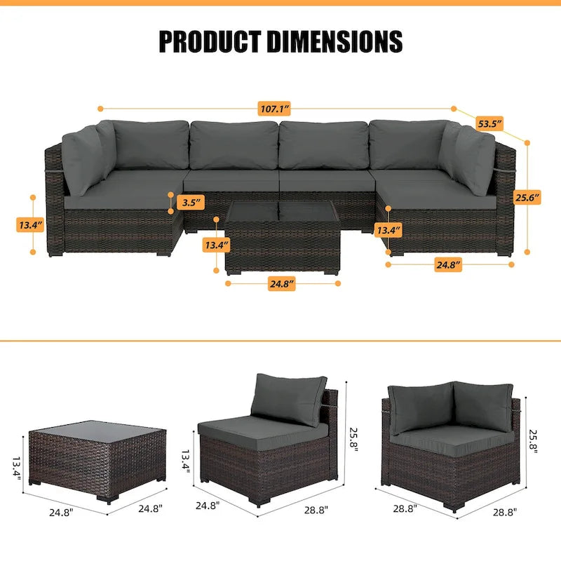 Patio Watcher Morden Outdoor 7-Piece Rattan Wicker Sectional Set Suit for Backyard