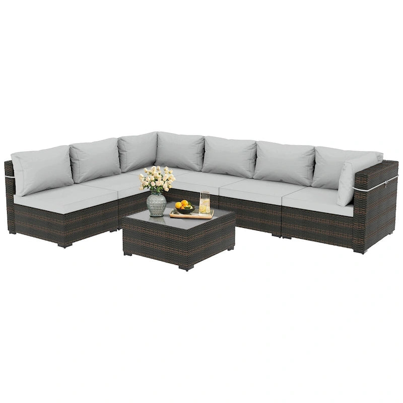 Patio Watcher Morden Outdoor 7-Piece Rattan Wicker Sectional Set Suit for Backyard