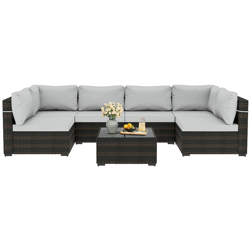 Patio Watcher Morden Outdoor 7-Piece Rattan Wicker Sectional Set Suit for Backyard