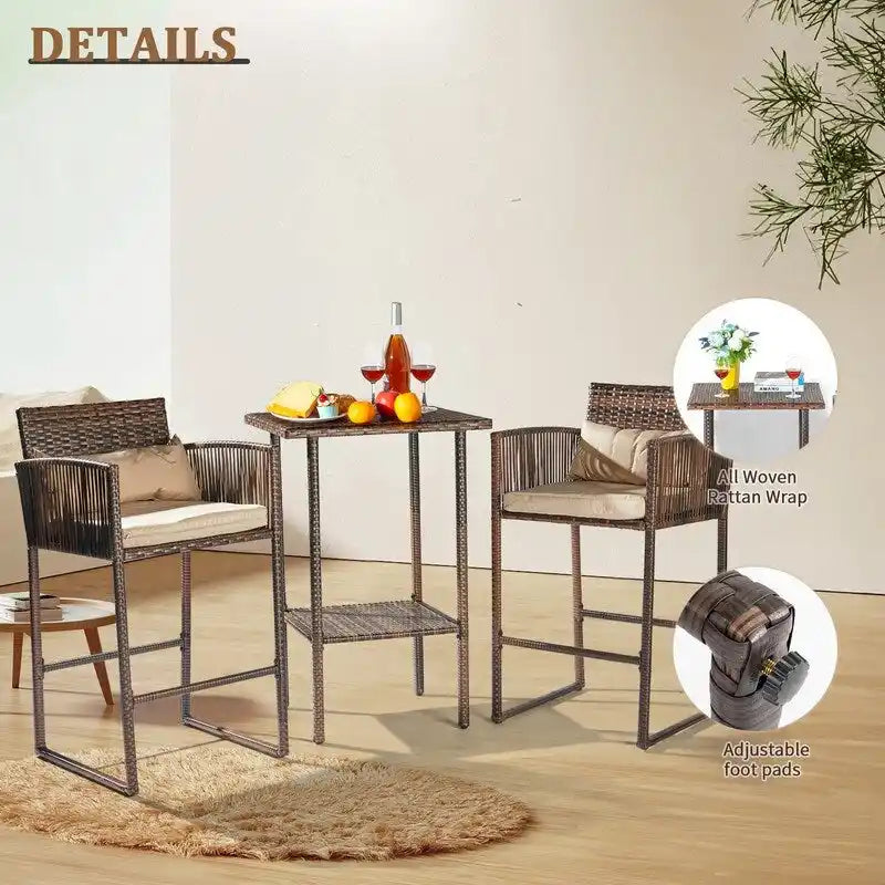 Outdoor 3PCS Wicker Bistro Set with Cushions