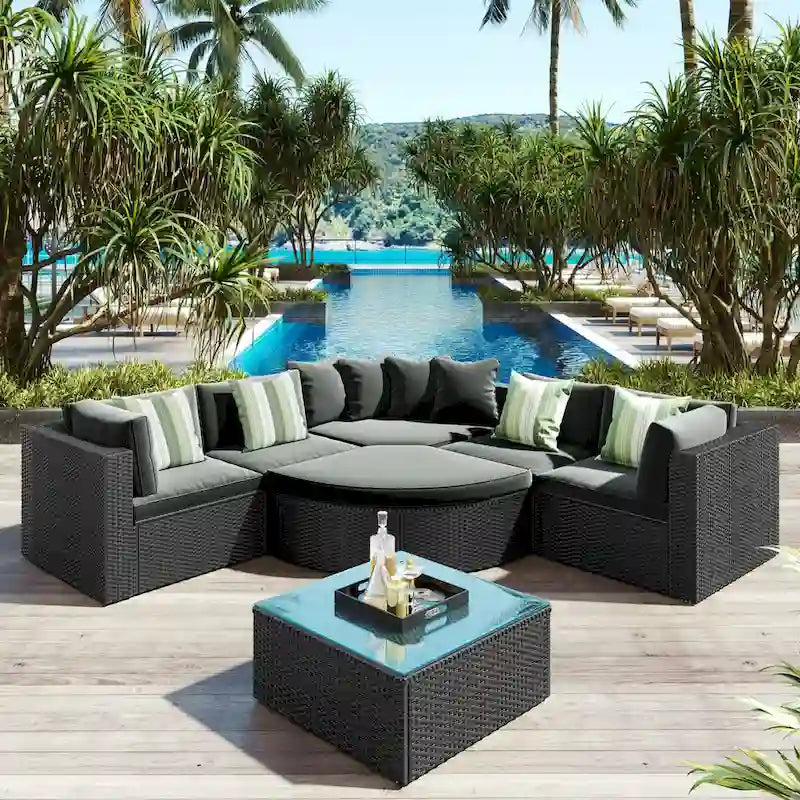 7-piece Outdoor Wicker Sofa Set, Rattan Sofa Lounger, With Colorful Pillows, Conversation Sofa, For Patio, Garden, Deck