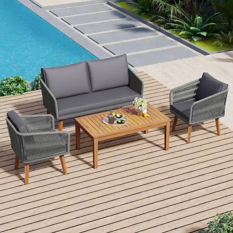 Mid-Century Modern 4-Piece Patio Set: Acacia Wood Loveseat, Chairs & Table