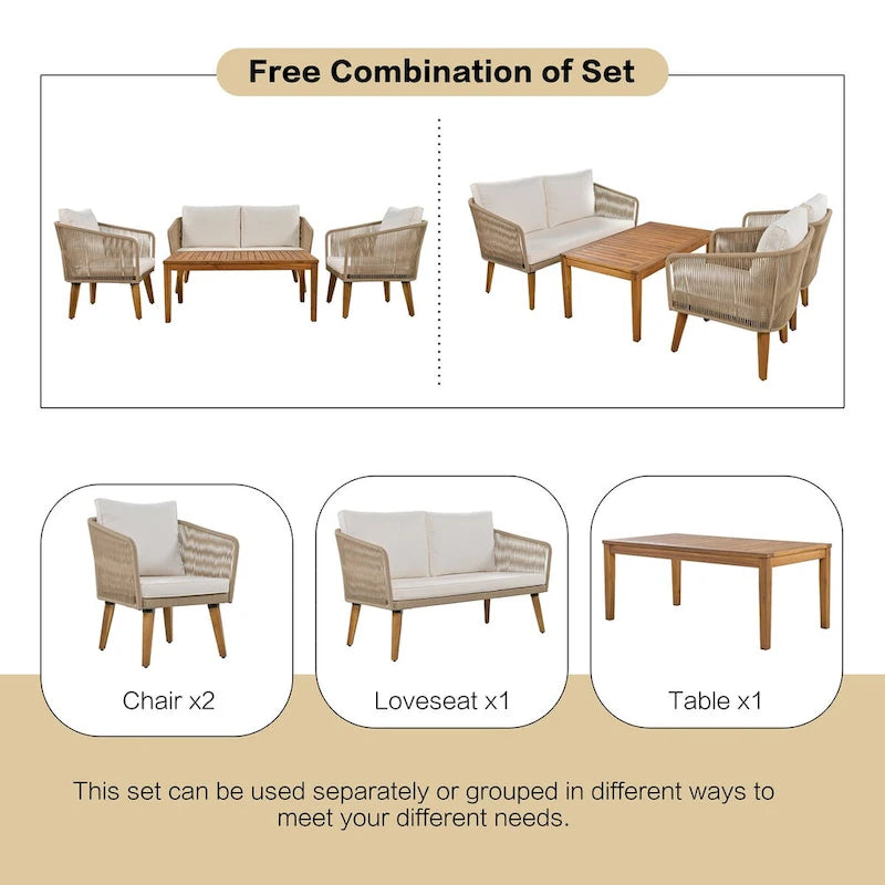 Mid-Century Modern 4-Piece Patio Set: Acacia Wood Loveseat, Chairs & Table
