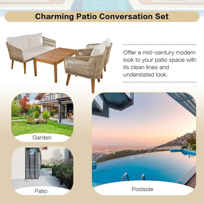 Mid-Century Modern 4-Piece Patio Set: Acacia Wood Loveseat, Chairs & Table