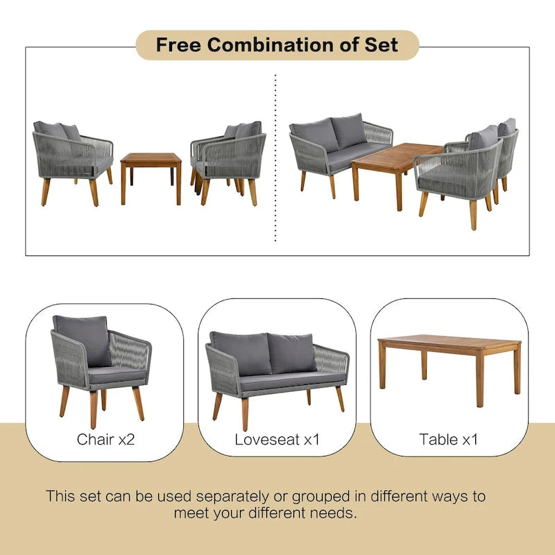 Mid-Century Modern 4-Piece Patio Set: Acacia Wood Loveseat, Chairs & Table