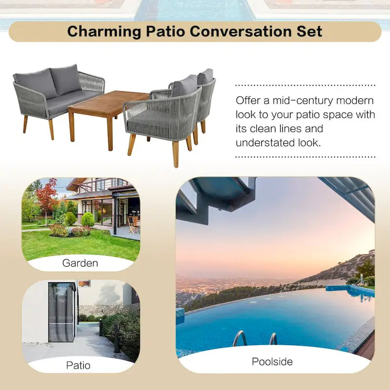 Mid-Century Modern 4-Piece Patio Set: Acacia Wood Loveseat, Chairs & Table