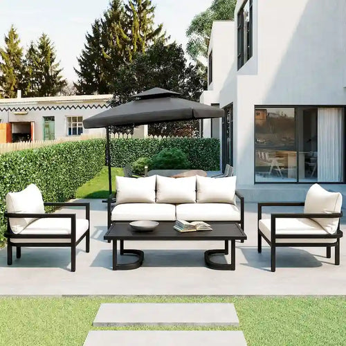 4-Pieces U-Style Multi-Person Outdoor Steel Sofa Set, with Coffee Table and Cushion