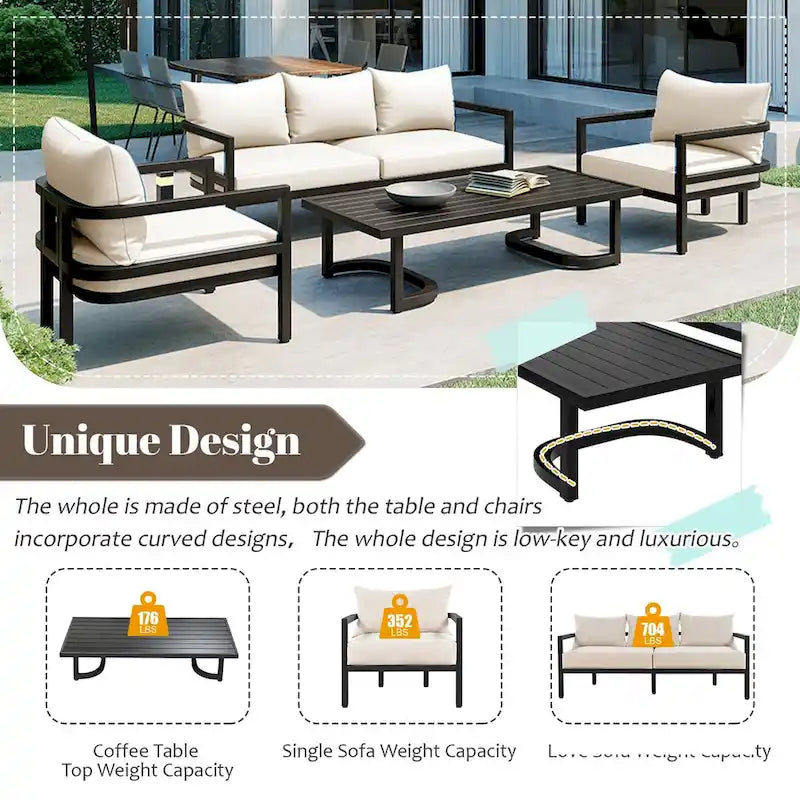 4-Pieces U-Style Multi-Person Outdoor Steel Sofa Set, with Coffee Table and Cushion