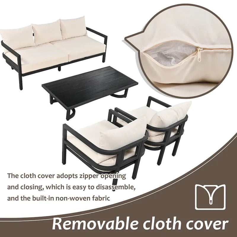 4-Pieces U-Style Multi-Person Outdoor Steel Sofa Set, with Coffee Table and Cushion