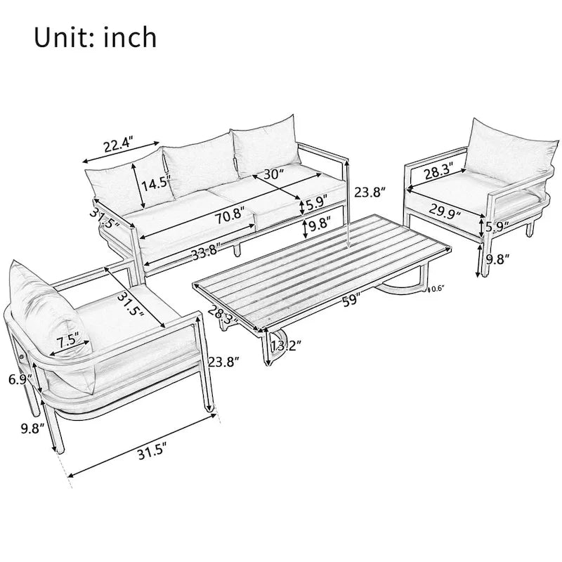 4-Pieces U-Style Multi-Person Outdoor Steel Sofa Set, with Coffee Table and Cushion