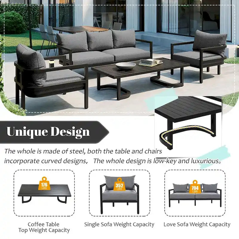 4-Pieces U-Style Multi-Person Outdoor Steel Sofa Set, with Coffee Table and Cushion