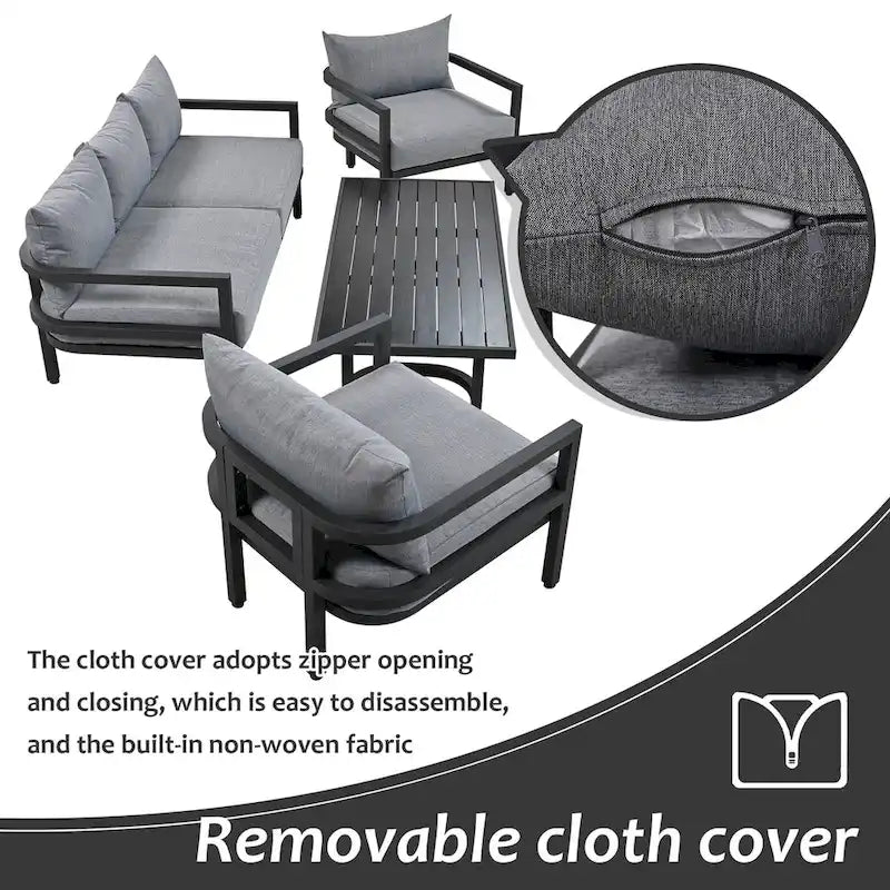 4-Pieces U-Style Multi-Person Outdoor Steel Sofa Set, with Coffee Table and Cushion