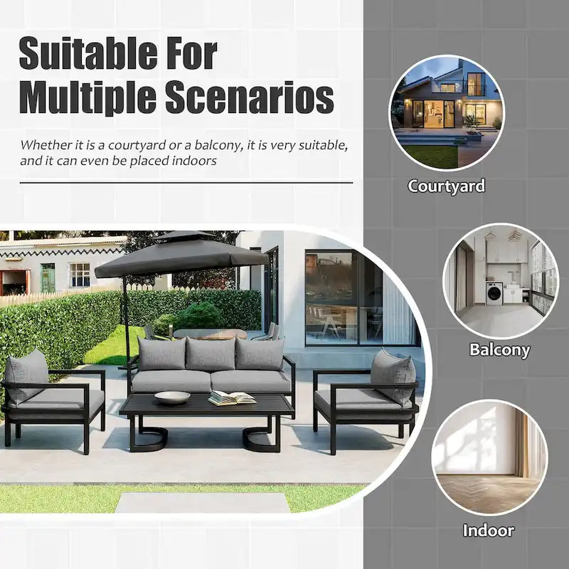 4-Pieces U-Style Multi-Person Outdoor Steel Sofa Set, with Coffee Table and Cushion