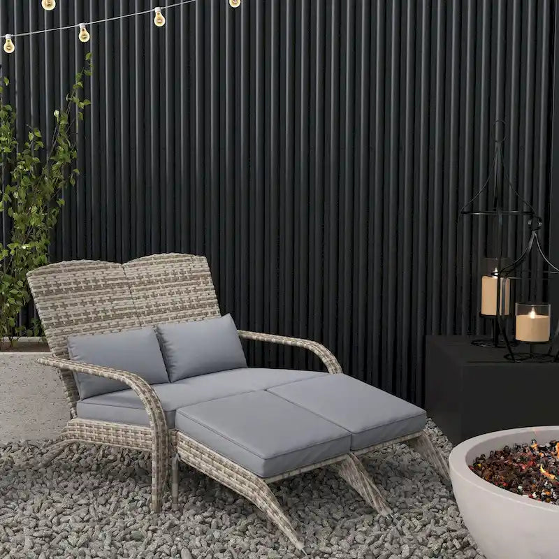 Outsunny Wicker Adirondack Chair for 2 with Cushions & Footrests, PE Rattan Fire Pit Chair