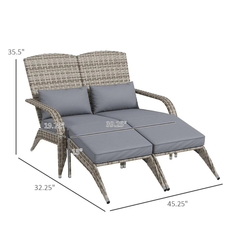 Outsunny Wicker Adirondack Chair for 2 with Cushions & Footrests, PE Rattan Fire Pit Chair
