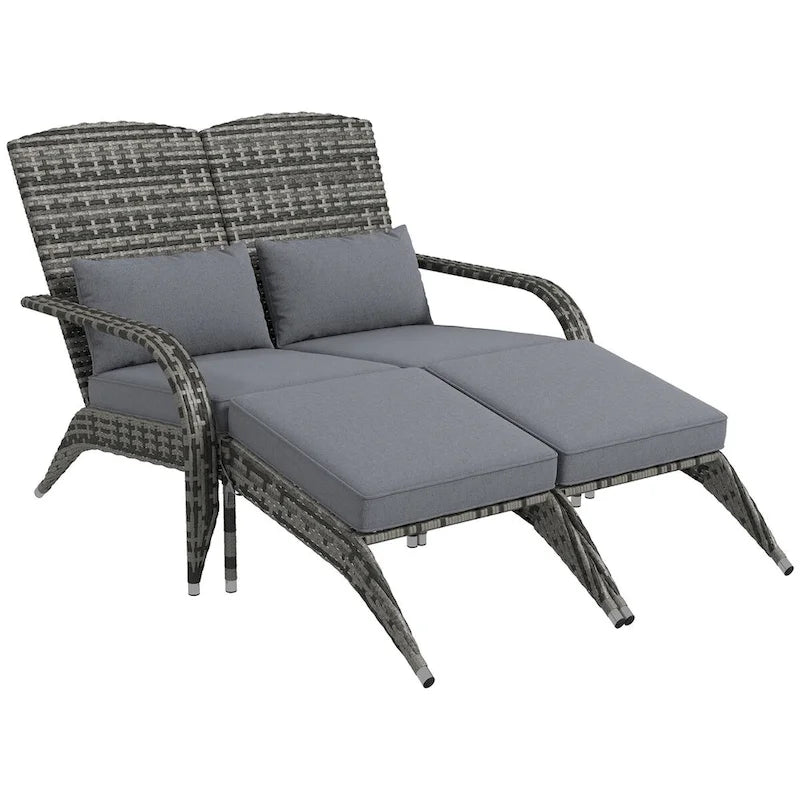 Outsunny Wicker Adirondack Chair for 2 with Cushions & Footrests, PE Rattan Fire Pit Chair