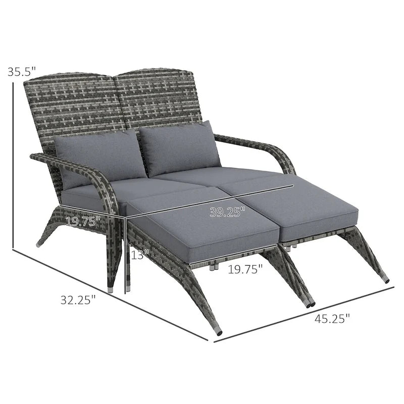 Outsunny Wicker Adirondack Chair for 2 with Cushions & Footrests, PE Rattan Fire Pit Chair