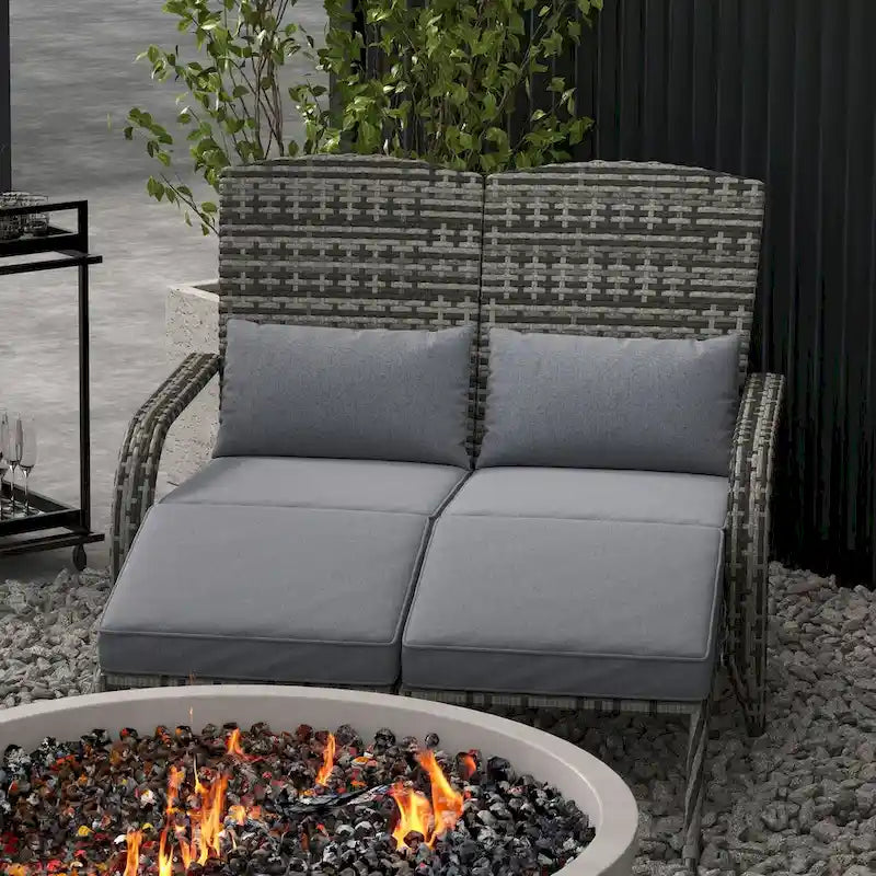 Outsunny Wicker Adirondack Chair for 2 with Cushions & Footrests, PE Rattan Fire Pit Chair